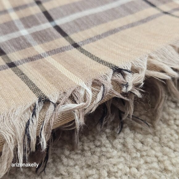 Wool Lightweight Tan Plaid Scarf - Picture 14 of 14
